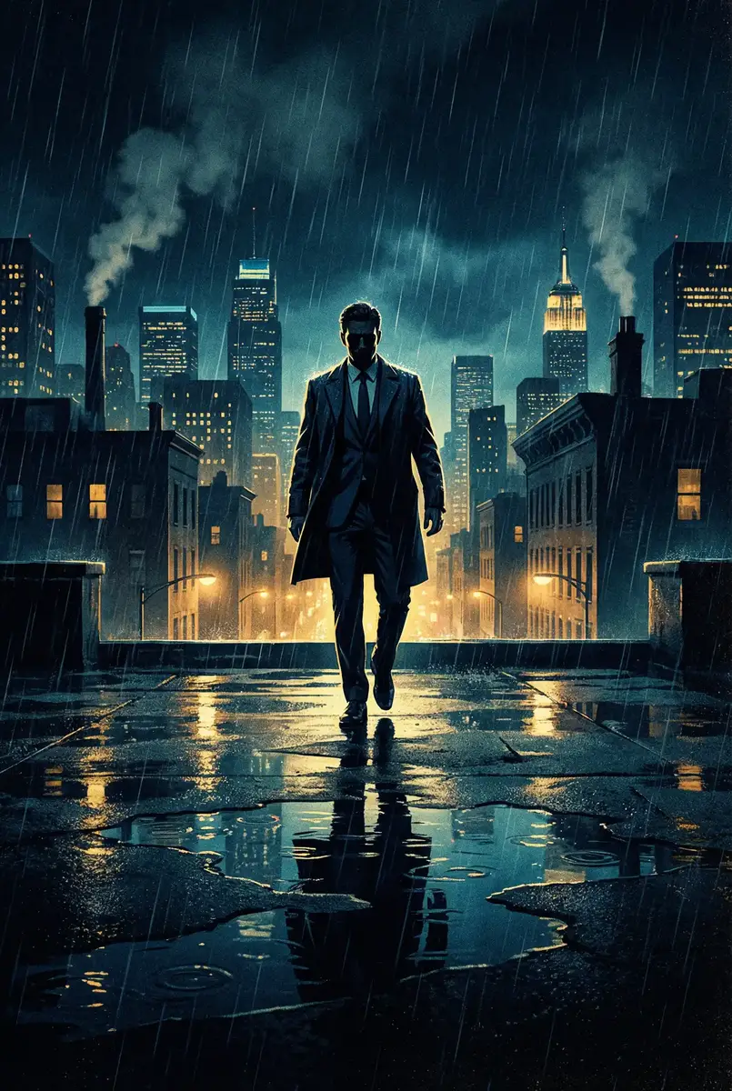平成年诞生的h罩杯 出品影片《雨夜独行者》海报，雨中城市屋顶男性剪影
